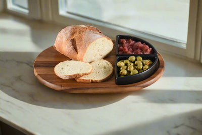 Charcuterie/ Serving Tray w/ 2 black triangular ceramic bowls by Kalmar Home - main product image for Resin Society