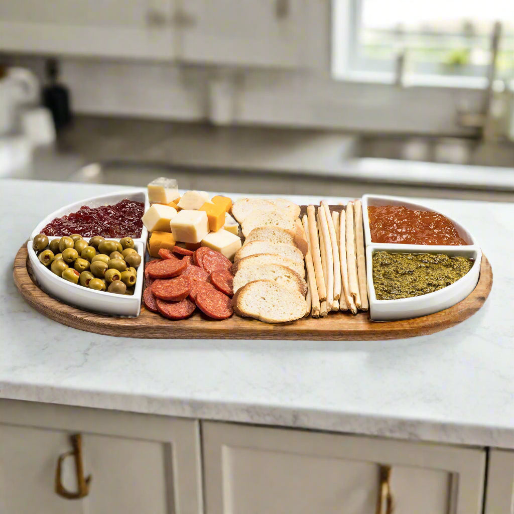 Charcuterie / Serving Tray w/ 4 Triangular Ceramic Bowls by Kalmar Home - main product image for Resin Society