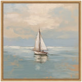 Impressionistic painting of a sailboat with cream sails on calm blue-gray water under a cloudy sky, framed in light wood.