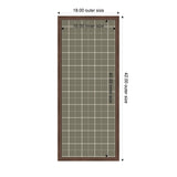 Rectangular pinboard with sage green plaid fabric inside a dark wood frame, showing outer dimensions 18 by 42 inches and inner dimensions 16 by 40 inches.