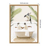 Three penguins, two standing in a clawfoot bathtub filled with bubbles and a white towel, one jumping in mid-air surrounded by green palm leaves on a white paneled wall.