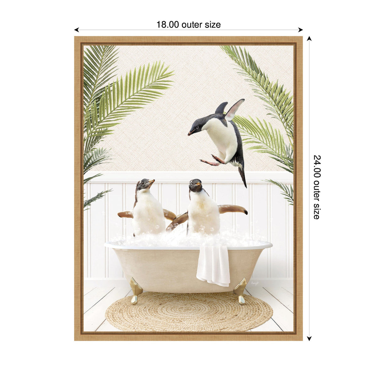 Three penguins, two standing in a clawfoot bathtub filled with bubbles and a white towel, one jumping in mid-air surrounded by green palm leaves on a white paneled wall.