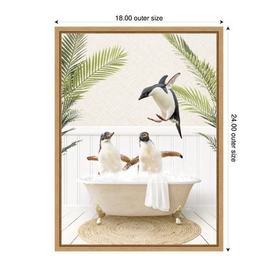 Sylvie Penguins in Palm Bathtub Framed Canvas by Amy Peterson