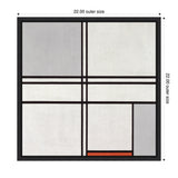 Square geometric painting with intersecting black lines forming rectangles and squares in gray, white, and a small red rectangle at the bottom right corner.