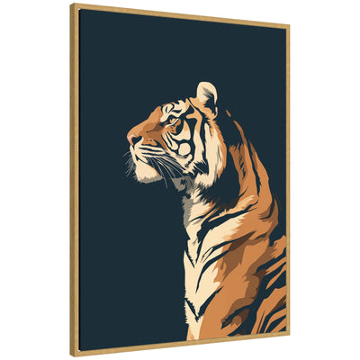 Navy Tiger framed canvas wall art print featuring a stylized tiger in navy and black hues in a beaded black frame.