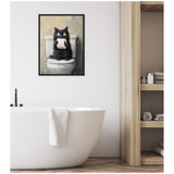 Painting of a wide-eyed black cat sitting on a white toilet holding a roll of toilet paper, framed and hung above a white bathtub in a modern bathroom.