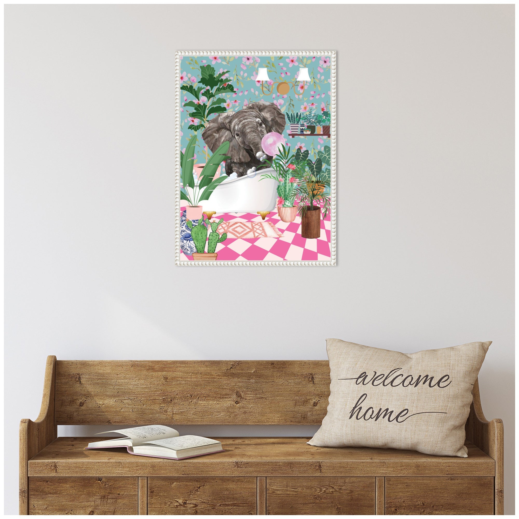 Sylvie Maximalist Bathroom Elephant Bubblegum Framed Canvas by Honey Island Studio