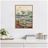 Framed watercolor landscape with muted green mountains, pale sky, lake, and vibrant pink and red flowers in the foreground, hanging above a white dresser.
