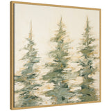 Abstract painting of three green evergreen trees with soft brush strokes and beige background in a light wood frame.