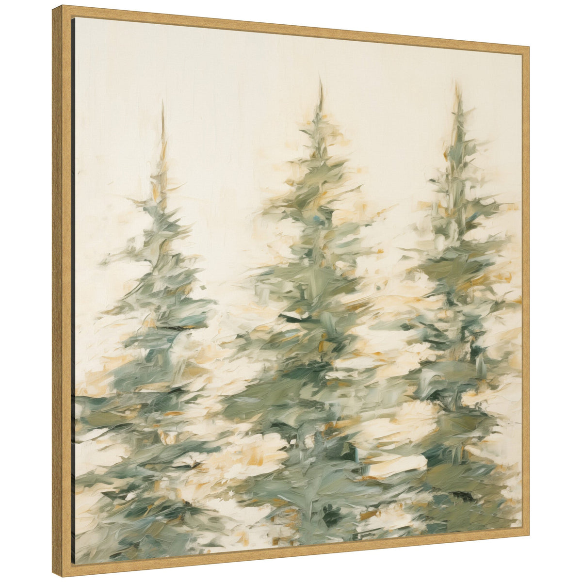 Abstract painting of three green evergreen trees with soft brush strokes and beige background in a light wood frame.