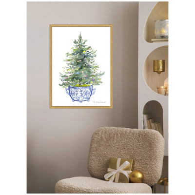 Sylvie Framed Canvas Traditional Christmas Tree In Blue Chinoiserie Pot