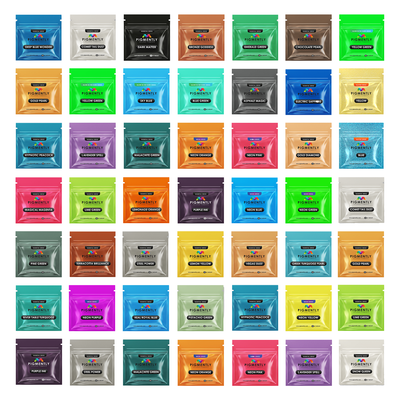Assortment of 51 epoxy powder pigments in various vibrant colors for resin crafting