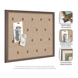 Rectangular beige pinboard with red botanical leaf prints and dark brown wooden frame, shown with two black and white photos pinned on it.