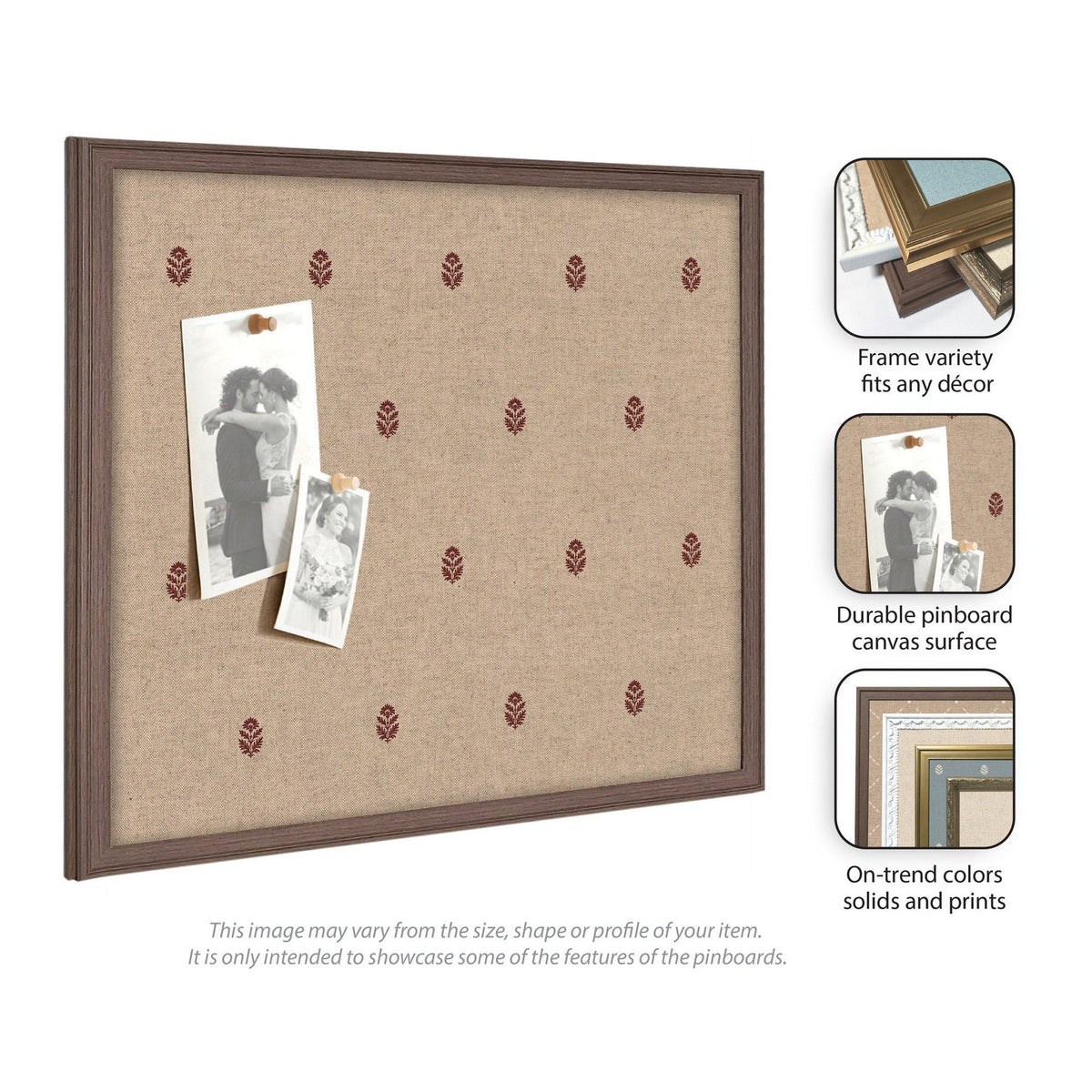 Rectangular beige pinboard with red botanical leaf prints and dark brown wooden frame, shown with two black and white photos pinned on it.