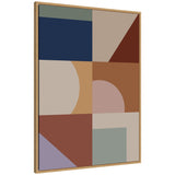 Framed geometric abstract print with six sections featuring blue, brown, beige, and muted green shapes in a modern Bohemian style by The Creative Bunch Studio.