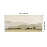Textured canvas wall art featuring muted earth tones and pale sky over rolling hills with sparse trees, measuring 40 by 18 inches framed.
