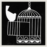 Black and white linocut showing a bird perched outside an open birdcage with simple, bold lines and geometric shapes creating a stark contrast.