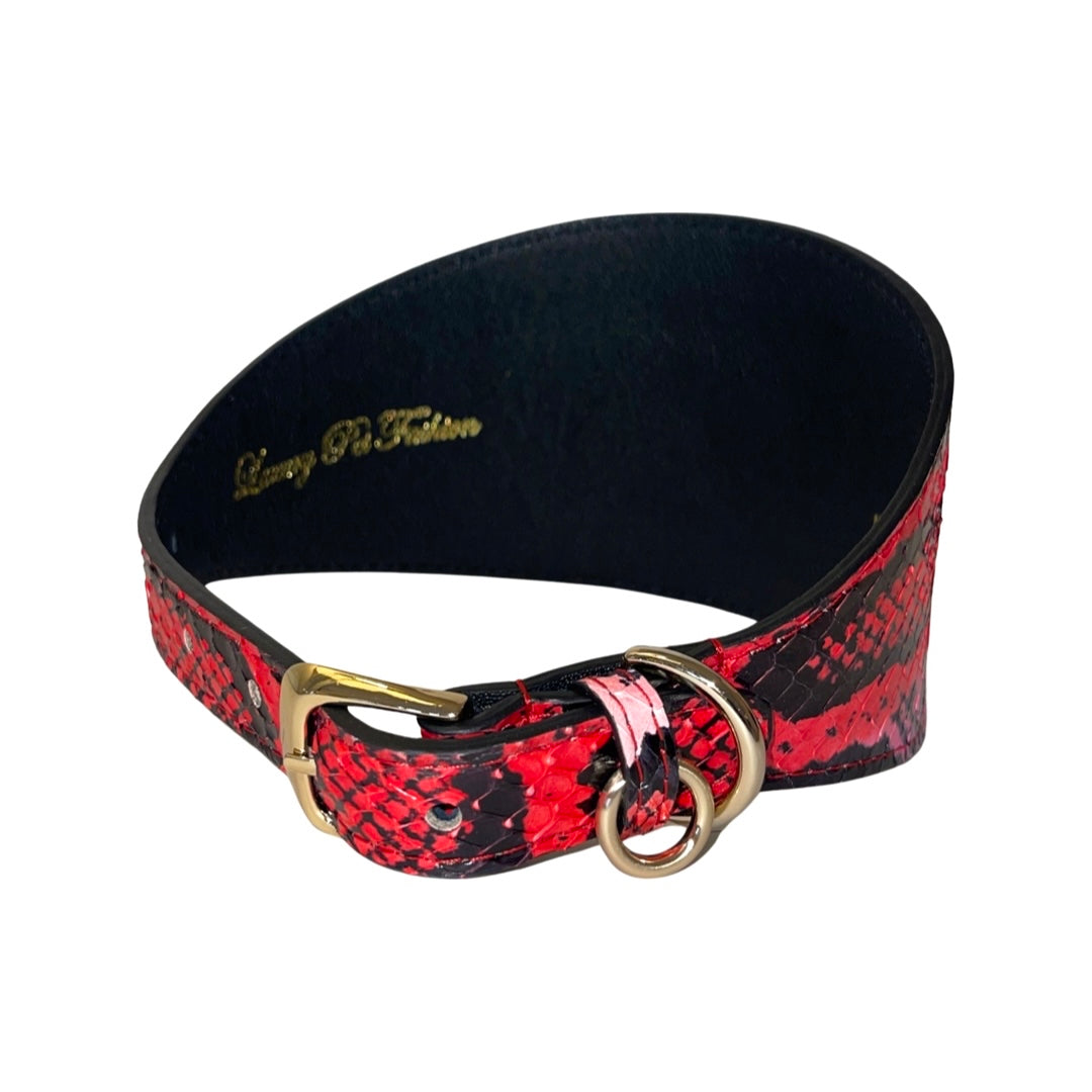 Red and black snake-patterned 4-inch wide collar with fuchsia and light pink accents, featuring a gold buckle and D-ring on black lining.