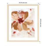 Abstract floral painting with large soft brown petals and deep red accents on a white textured background, framed in light wood measuring 22 by 26 inches.