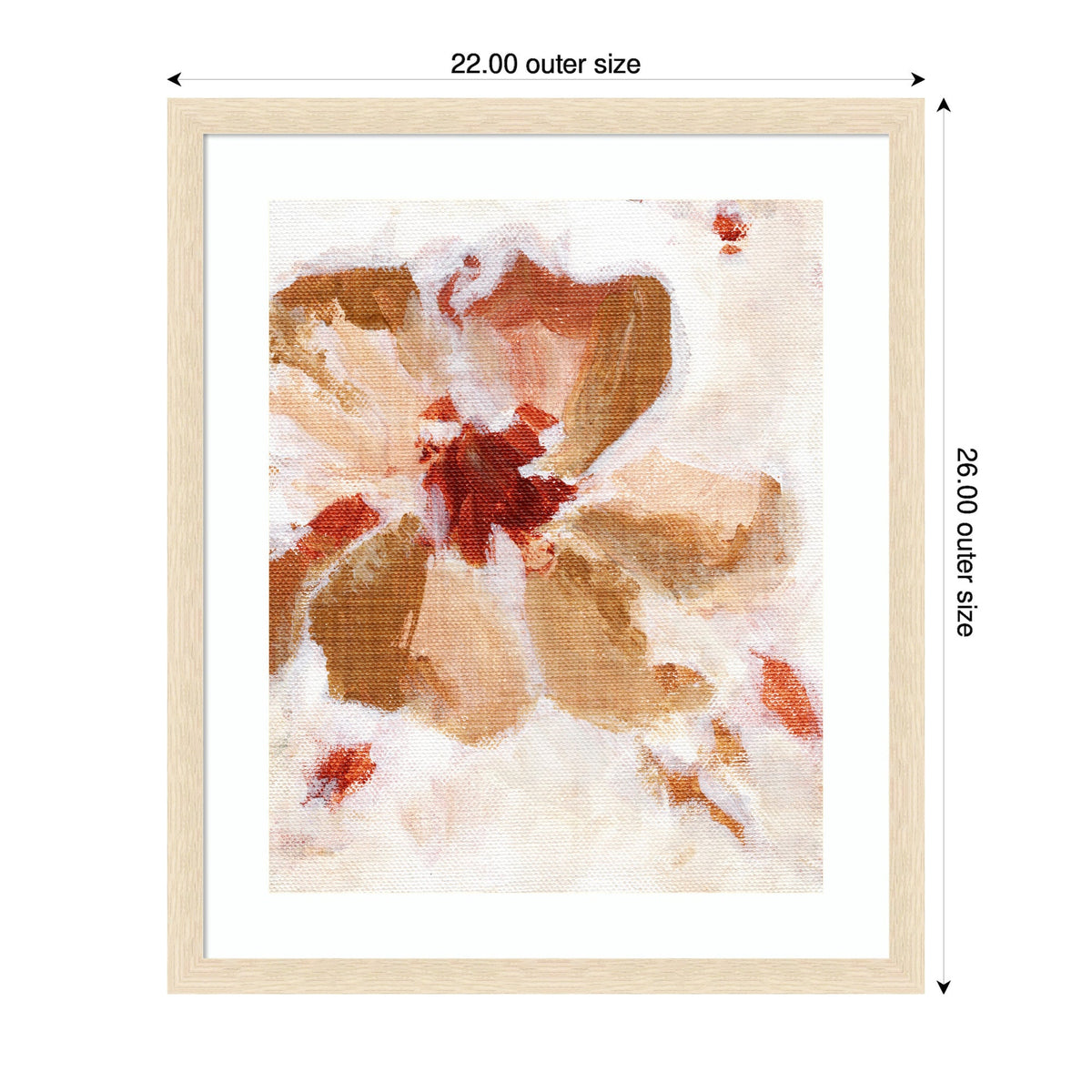 Abstract floral painting with large soft brown petals and deep red accents on a white textured background, framed in light wood measuring 22 by 26 inches.