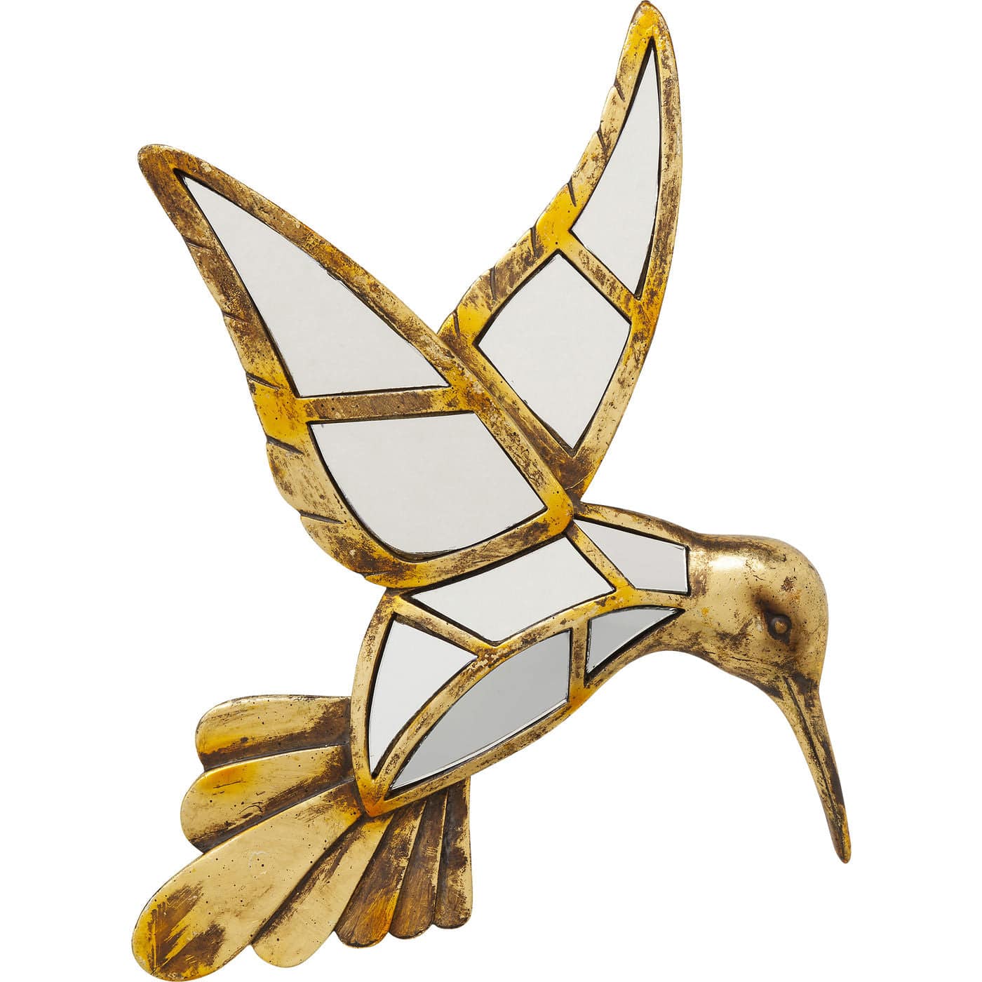 Wall Object Hummingbird Mirror with gold frame and mirrored glass showing shiny golden bird motif