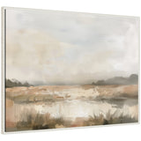 Framed canvas painting of a neutral-toned abstract landscape with soft beige, gray, and brown hues and blurred horizontal brushstrokes suggesting water and sky.