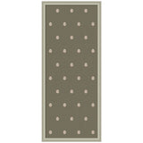 Rectangular rug with a muted olive green background featuring an evenly spaced, repeating pattern of small light beige botanical block prints framed by a narrow beige border.