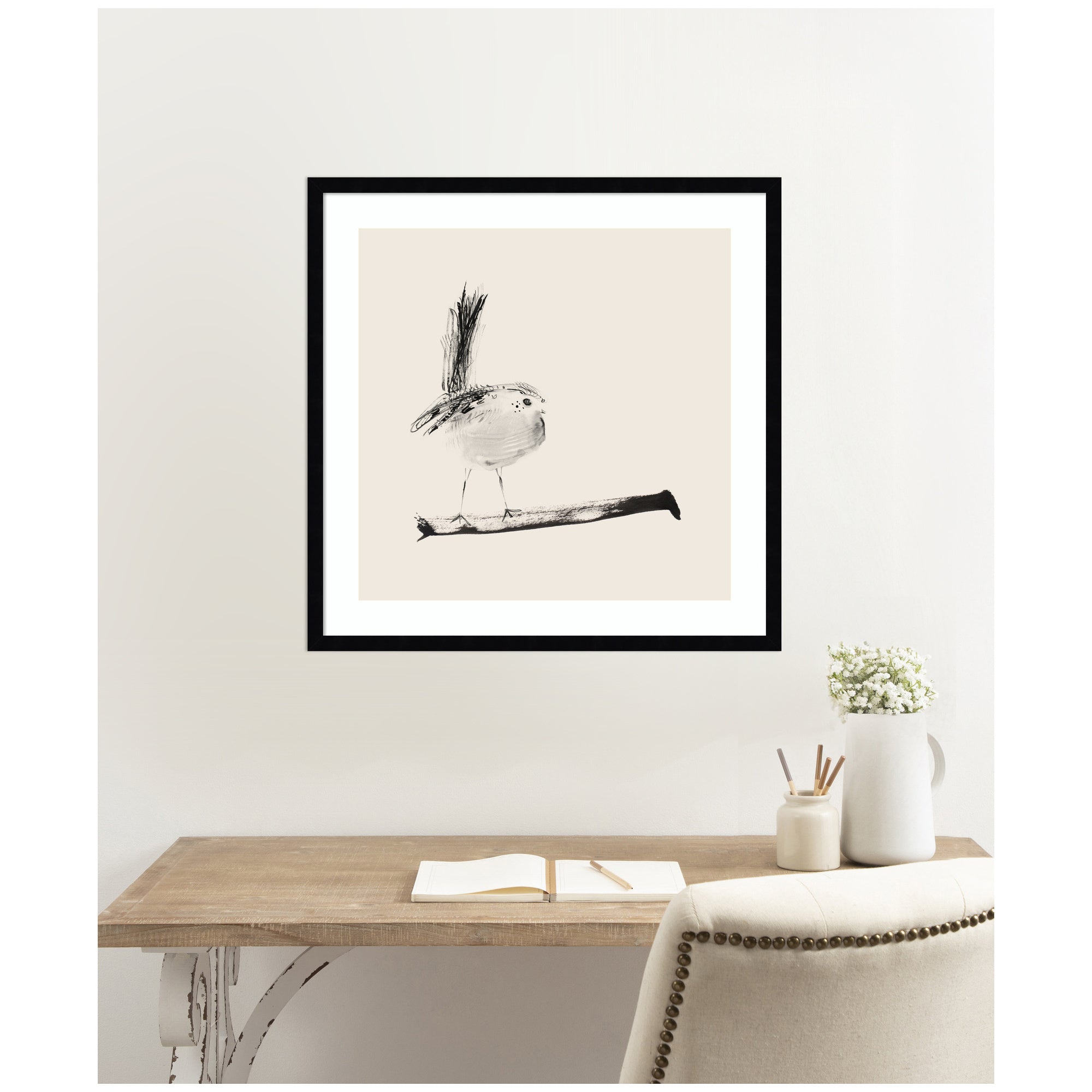 Sketched Bird On Branch by Danushka Abeygoda Framed Wall Art Print
