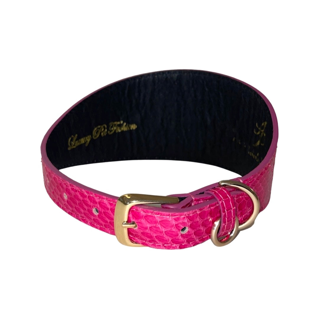 Fuchsia pink textured snake skin collar with a gold buckle and dual gold loops, viewed from an angled front perspective.