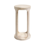 Tall, slender wooden drink table with a round top and open, hollow cylindrical base with curved vertical supports in light natural wood finish.