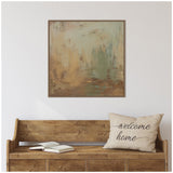 Abstract canvas painting with soft sage green, tan, and brown brushstrokes in a simple wooden frame, hanging above a wooden bench with a welcome home pillow.