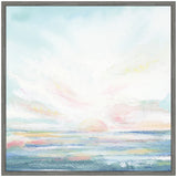 Soft watercolor painting of a pastel-colored sky with wispy clouds over a calm sea, framed in a thin gray wooden frame.
