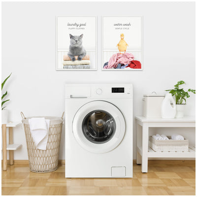 Sylvie Cat Laundry Goals and Ducky Gentle Cycle Framed Canvas Art Set by Amy Peterson