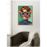Framed artwork of a woman with curly red hair wearing a detailed blue lace top, a large colorful moth covering her eyes, set against a green background.