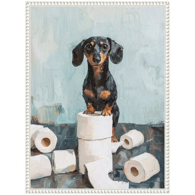 Sylvie Cute Dachshund Dog Toilet Paper Rolls Blue Teal Bathroom Art Framed Canvas
