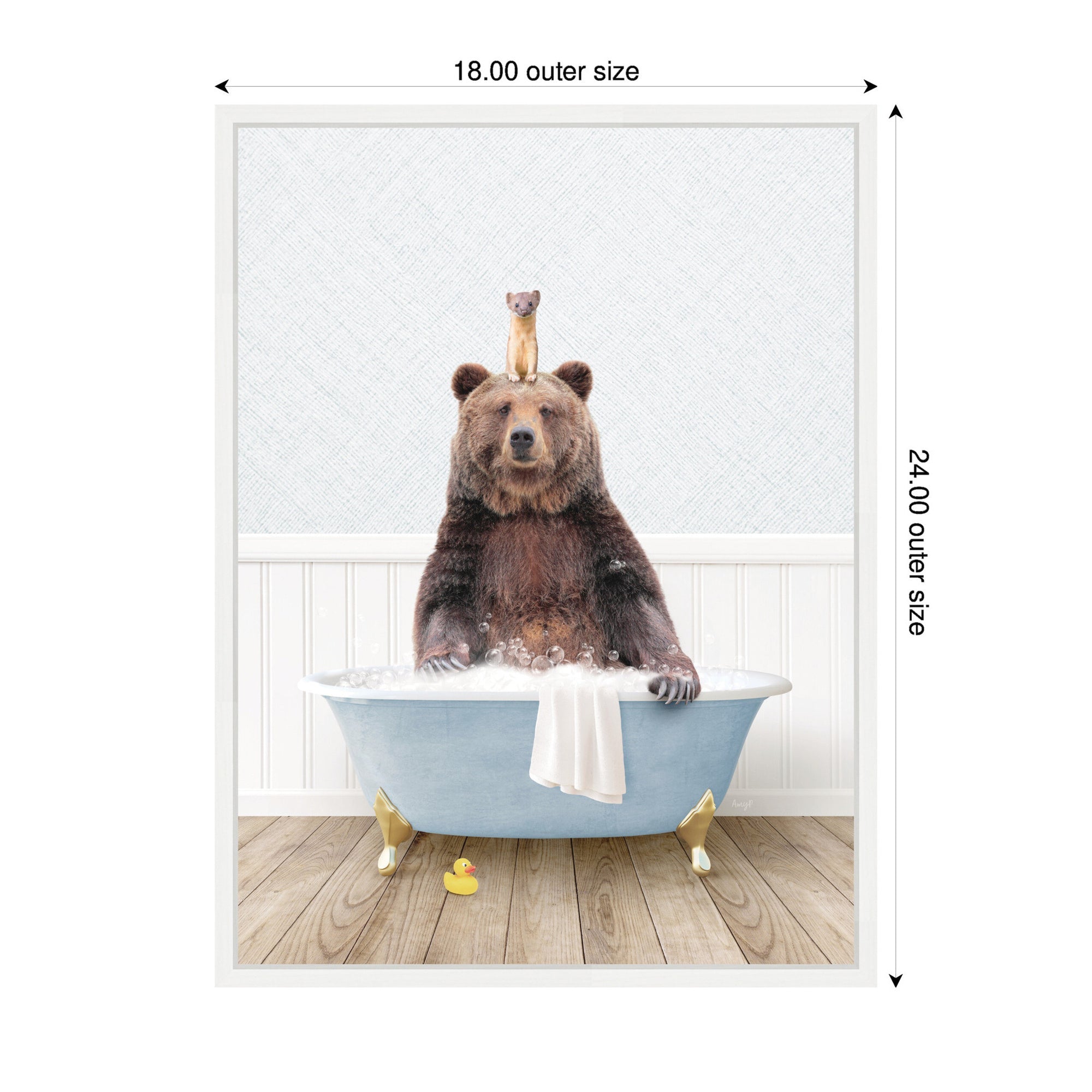 Sylvie Bear and Weasel in Cottage Blue Bathtub Framed Canvas by Amy Peterson