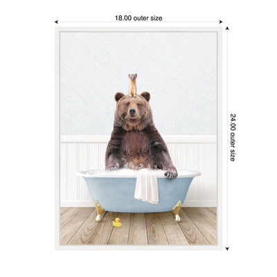 Sylvie Bear and Weasel in Cottage Blue Bathtub Framed Canvas by Amy Peterson