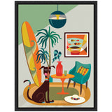 Mid-century modern style illustration of a brown dog sitting on a patterned rug beside a yellow and orange surfboard, turquoise armchair, and abstract fish artwork.
