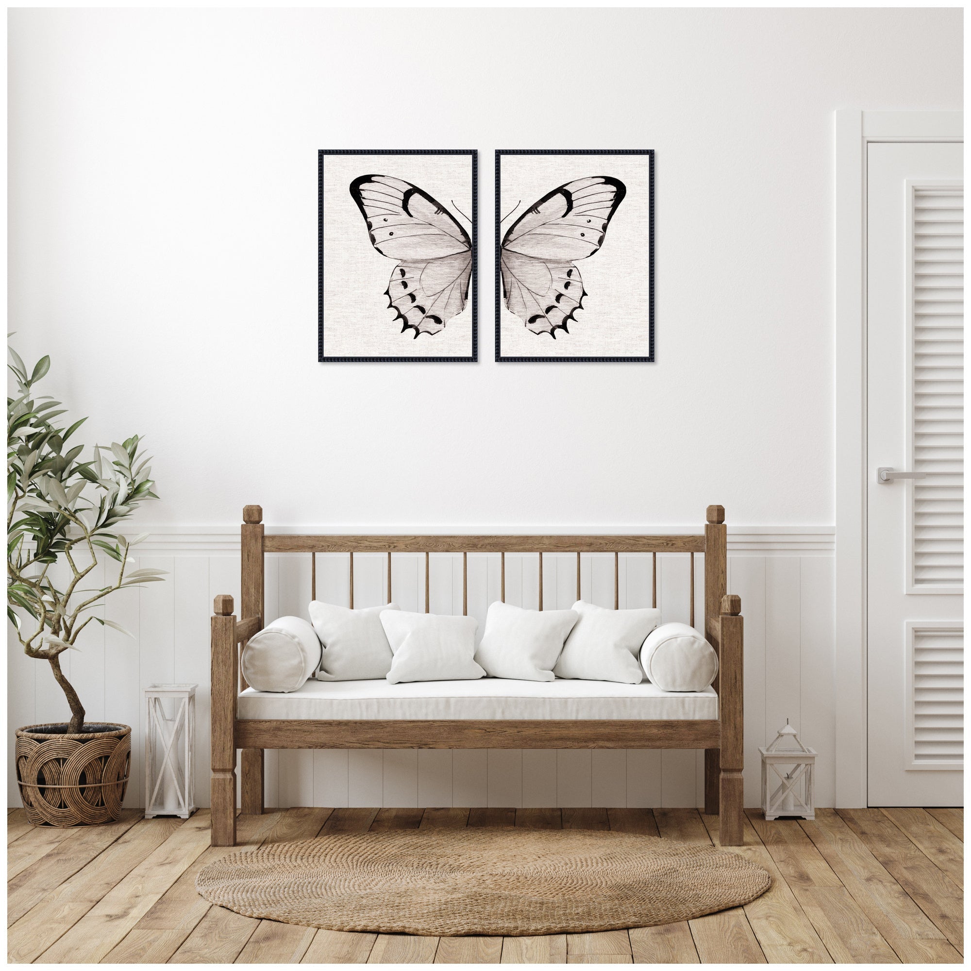 Sylvie Beaded Minimal Butterfly Watercolor Neutral Linen - 2 Piece Framed Canvas Art Set