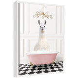 Sylvie Llama in Pink Bathtub on Checker Floor framed canvas art showing a white llama in a pink bathtub on black and white checker floor