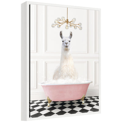 Sylvie Llama in Pink Bathtub on Checker Floor framed canvas art showing a white llama in a pink bathtub on black and white checker floor