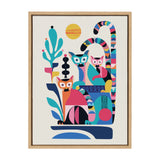 Mid-century modern canvas art depicting three stylized lemurs in bright pink, blue, and yellow geometric shapes with a sun and abstract plant elements, framed in light wood.