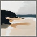 Abstract seascape painting with beige and white sandy shore, dark cliffs on the left, and muted blue-gray ocean under a light cloudy sky.