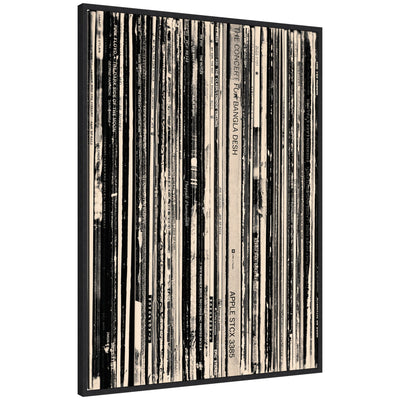33 RPM Black and White by Robert Cadloff framed canvas wall art print showing a black and white closeup of a vinyl record player needle on record