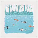 Linocut print showing stylized blue water with five patterned fish in black and orange beneath simple teal shrubs and tall trees on white background.