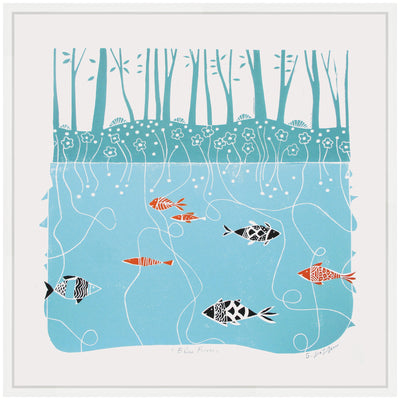 Sylvie Coastal Blue River Linocut Framed Canvas by Giuliana Lazzerini