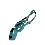 Turquoise blue embossed croc Italian leather dog harness with classic silver hardware, adjustable straps, and matching collar detail visible at the bottom left.