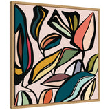 Abstract framed canvas print of multicolored ficus leaves with bold black outlines on a pale pink background by Alicia Bock.