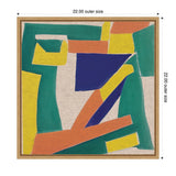 Abstract composition featuring bold painterly shapes in blue, orange, green, and yellow on a neutral linen canvas with a square wooden frame.
