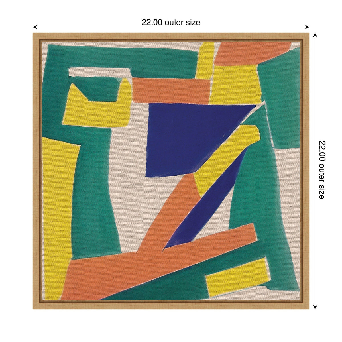 Abstract composition featuring bold painterly shapes in blue, orange, green, and yellow on a neutral linen canvas with a square wooden frame.